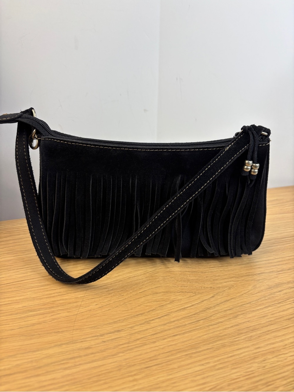Vintage Nine West Black Suede Fringe Baguette Bag